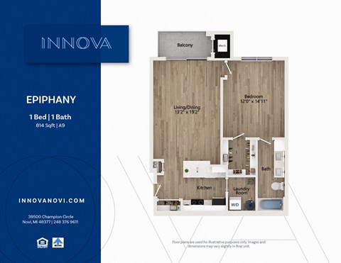 Floor plan for 1 bed, 1 bath, 814 sqft